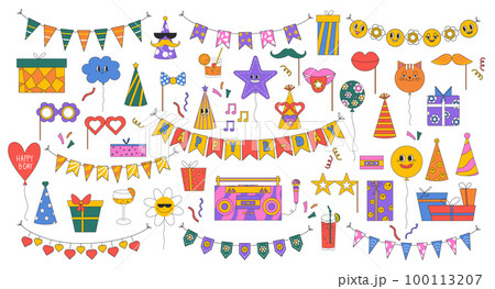 Set of birthday party design elements. Holiday hats, gifts, flags, glasses, confetti, cocktails, balloons and a tape recorder. Birthday party in retro style. 100113207