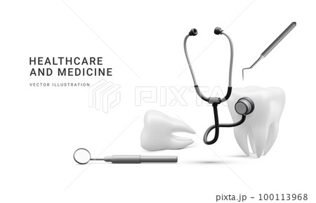 3d realistic teeth with medical equipment isolated on white background. Oral health and dental inspection teeth. Concept of diagnostics. Vector illustration 100113968