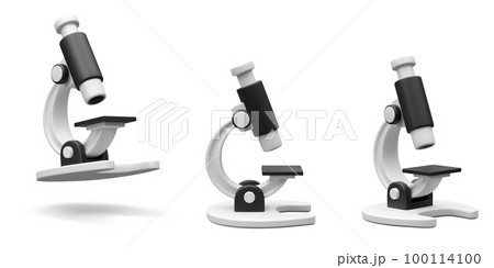 Set of 3d realistic microscope isolated on light background. Science, pharmaceutical and education concept. Microbiology magnifying tool. Vector illustration 100114100