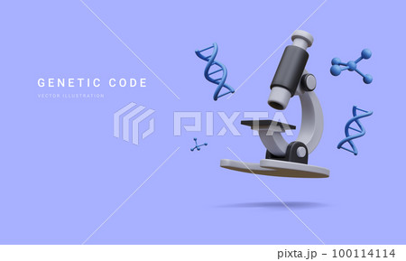 3d realistic banner with microscope, molecules and dna isolated on blue background. Medicine, biology, chemistry and science concept in cartoon style. Vector illustration 3d realistic banner with microscope, molecules and dna isolated on blue background. Medicine, biology, chemistry and science concept in cartoon style. Vector illustration 100114114