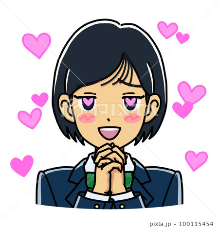 目をハートにしてときめく女子学生のイラスト（ハートがあふれる背景） 100115454