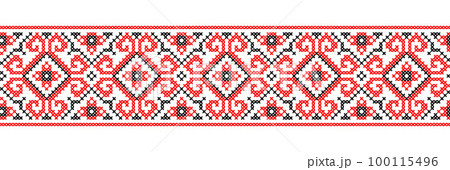 Ukrainian vector ornament, seamless border. Ukrainian folk, ethnic geometric embroidery. Ornament in red and black colors. Pixel art, vyshyvanka, cross stitch Ukrainian vector ornament, seamless border. Ukrainian folk, ethnic geometric embroidery. Ornament in red and black colors. Pixel art, vyshyvanka, cross stitch 100115496