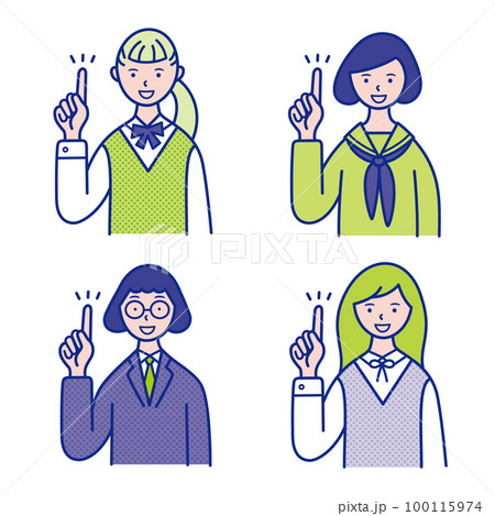 指差しポーズの女子学生の上半身イラスト素材【セット】 100115974