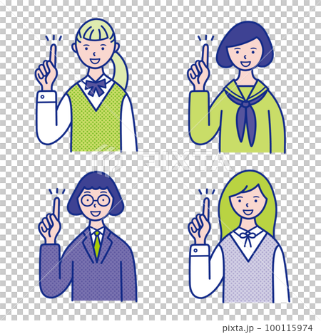 指差しポーズの女子学生の上半身イラスト素材【セット】 100115974