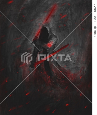 Dark knight illustration, character with two red swords Dark knight illustration, character with two red swords 100116627