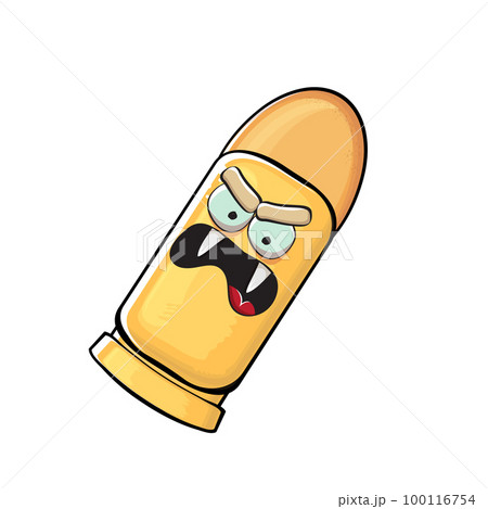 Bullet character. Cartoon funny orange bullet character isolated on white background. Funky bullet character with eyes and mouth. Vector gun shot clip art, emoji, label and sticker 100116754