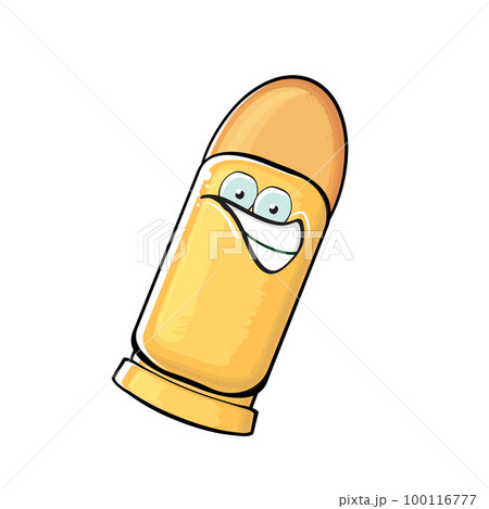 Bullet character. Cartoon funny orange bullet character isolated on white background. Funky bullet character with eyes and mouth. Vector gun shot clip art, emoji, label and sticker 100116777