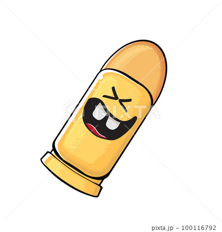 Bullet character. Cartoon funny orange bullet character isolated on white background. Funky bullet character with eyes and mouth. Vector gun shot clip art, emoji, label and sticker 100116792
