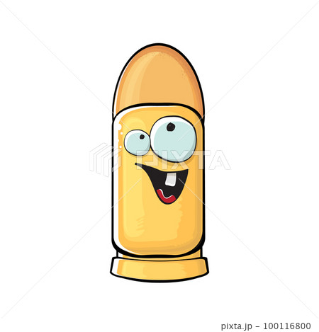 Bullet character. Cartoon funny orange bullet character isolated on white background. Funky bullet character with eyes and mouth. Vector gun shot clip art, emoji, label and sticker 100116800
