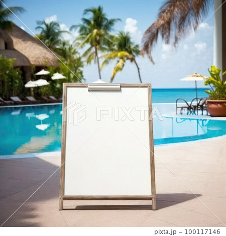 empty billboard by the pool in the relaxation area, banners with free space  100117146