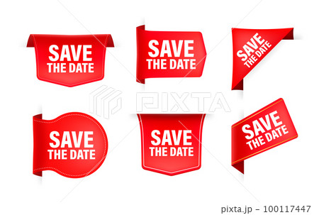 Red ribbon with text Save the date. Banner ribbon label Save the date 100117447