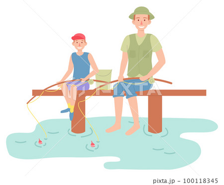 Family outdoor recreational activities, happy parent sitting with son and fishing, father and kid Family outdoor recreational activities, happy parent sitting with son and fishing, father and kid 100118345