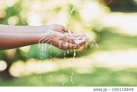 Outdoor, hands and water for cleaning, hydration and hygiene for care, splash and wellness. Nature, hand and aqua for washing, prevent germs and remove dirt for freshness, environment and outside 100118849