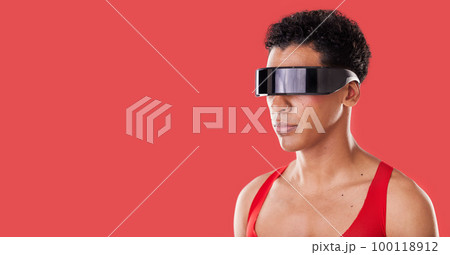 Metaverse, vr glasses and black man with mockup for ai futuristic scifi and 3d gaming technology. Person profile on red background for cyberpunk, sci fi and augmented reality for cyber world ux space Metaverse, vr glasses and black man with mockup for ai futuristic scifi and 3d gaming technology. Person profile on red background for cyberpunk, sci fi and augmented reality for cyber world ux space 100118912