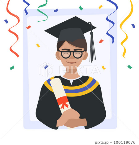 Student in a graduation gown and cap. Male student holds a diploma and celebrates graduation. Vector illustration in flat style. Student in a graduation gown and cap. Male student holds a diploma and celebrates graduation. Vector illustration in flat style. 100119076