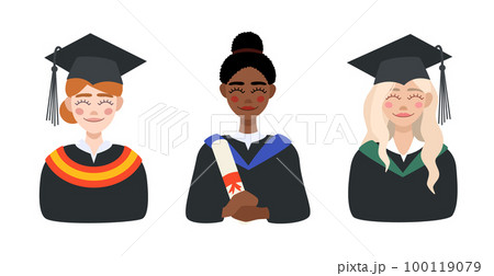 Portraits of female students in graduation gowns and caps. A student with a diploma in her hands. Illustration in flat style. Vector illustration 100119079