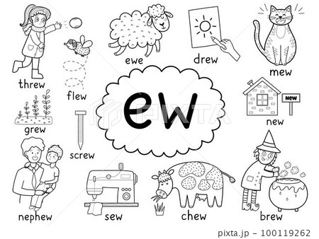 -Ew- digraph spelling rule black and white educational poster for kids with words 100119262