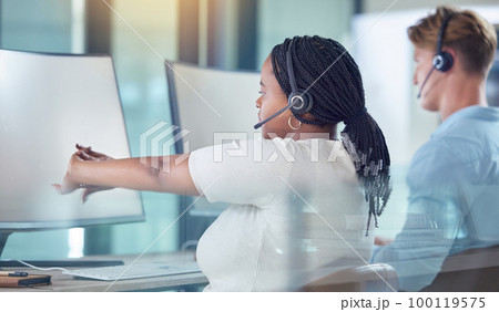 Insurance consultant, Contact us and telemarketing customer support working hard at computer help desk. Customer service, call center agent and woman employee consulting with client about us for sale 100119575