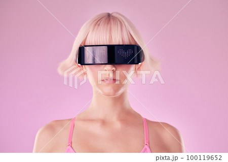 Metaverse, virtual reality and a woman with glasses for ai and future scifi and 3d gaming technology. Model person on a pink background for cyberpunk and digital transformation for cyber world vr ux Metaverse, virtual reality and a woman with glasses for ai and future scifi and 3d gaming technology. Model person on a pink background for cyberpunk and digital transformation for cyber world vr ux 100119652