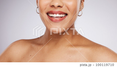 Skincare, beauty and mouth of woman with smile for wellness, dental care and cosmetics in studio. Luxury spa, healthcare and face zoom of happy girl with teeth whitening, cleaning and oral treatment Skincare, beauty and mouth of woman with smile for wellness, dental care and cosmetics in studio. Luxury spa, healthcare and face zoom of happy girl with teeth whitening, cleaning and oral treatment 100119710