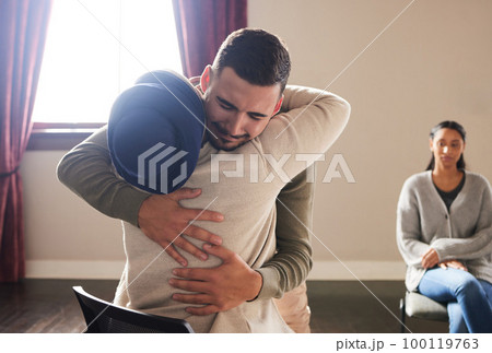 Support by woman hug a crying man for comfort, grief and care after bad news or problems in a home or house. Cancer, sad and depression by people hugging for empathy, love and hope together Support by woman hug a crying man for comfort, grief and care after bad news or problems in a home or house. Cancer, sad and depression by people hugging for empathy, love and hope together 100119763