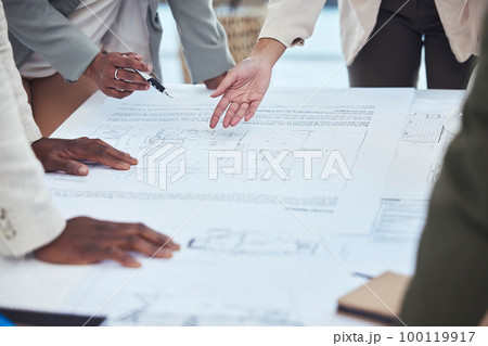 Architecture, engineering team and hands with blueprint for planning, building strategy and meeting. Construction site, property development and contractors with illustration, design and floor plan 100119917