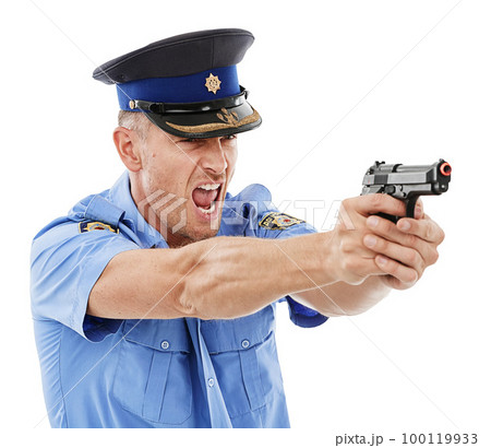 Angry man, police officer and shooting gun standing isolated on a white studio background. Male security guard or detective holding firearm or weapon screaming the law to stop crime or violence Angry man, police officer and shooting gun standing isolated on a white studio background. Male security guard or detective holding firearm or weapon screaming the law to stop crime or violence 100119933
