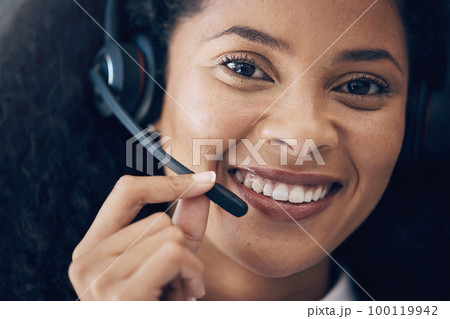 CRM, face or telecom black woman smile for success B2B deal, support or telemarketing in office. Happy, microphone or callcenter consultant portrait for contact us, customer service or sales network CRM, face or telecom black woman smile for success B2B deal, support or telemarketing in office. Happy, microphone or callcenter consultant portrait for contact us, customer service or sales network 100119942