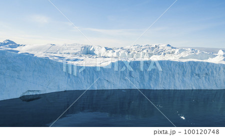 Giant iceberg. Global warming and climate change concept. Icebergs in Disko Bay on greenland in Ilulissat icefjord from melting glacier Sermeq Kujalleq Glacier, Jakobhavns Glacier. Aerial drone image 100120748