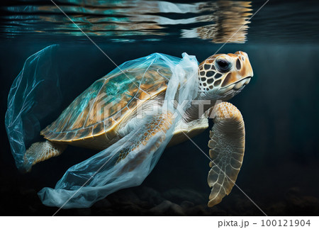 Sea turtle trapped in a plastic bag 100121904