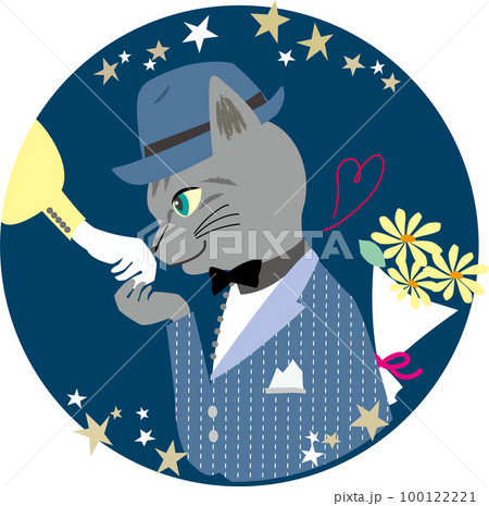 星空の下デートで手の甲にキスするサバトラ猫の丸いベクターイラスト ネイビー 星空の下デートで手の甲にキスするサバトラ猫の丸いベクターイラスト ネイビー 100122221