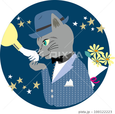 星空の下デートで手の甲にキスするサバトラ猫の丸いベクターイラスト ネイビー 星空の下デートで手の甲にキスするサバトラ猫の丸いベクターイラスト ネイビー 100122223