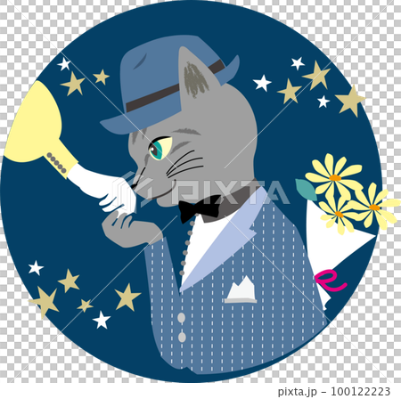 星空の下デートで手の甲にキスするサバトラ猫の丸いベクターイラスト ネイビー 星空の下デートで手の甲にキスするサバトラ猫の丸いベクターイラスト ネイビー 100122223