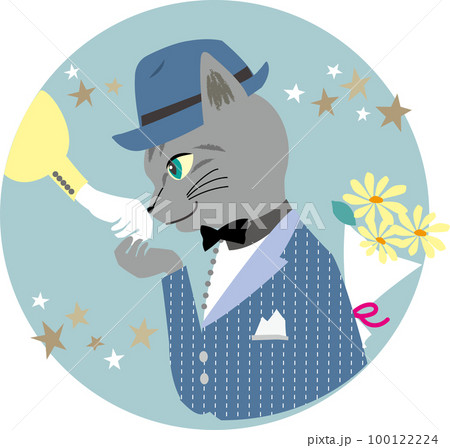 星空の下デートで手の甲にキスするサバトラ猫の丸いベクターイラスト ライトブルー 100122224