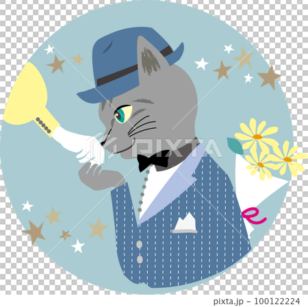 星空の下デートで手の甲にキスするサバトラ猫の丸いベクターイラスト ライトブルー 100122224