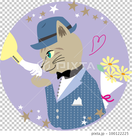 Round vector illustration of a tabby cat kissing the back of his hand on a date under the starry sky Purple 100122225