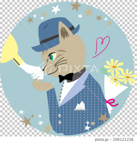 Round vector illustration light blue of a tabby cat kissing the back of his hand on a date under the starry sky 100122226