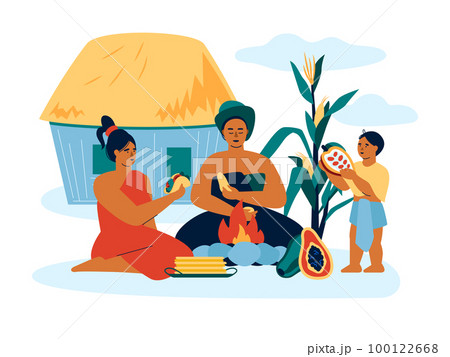 Family eat by the fire - modern colored vector illustration 100122668