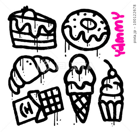 Spray Painted Urnab Graffiti sweets icon set. Sprayed yammy elements isolated with a white background. Ice cream, donut, cupcake, chocolate bar, croissant with paint overspray. Vector illustration. Spray Painted Urnab Graffiti sweets icon set. Sprayed yammy elements isolated with a white background. Ice cream, donut, cupcake, chocolate bar, croissant with paint overspray. Vector illustration. 100122678