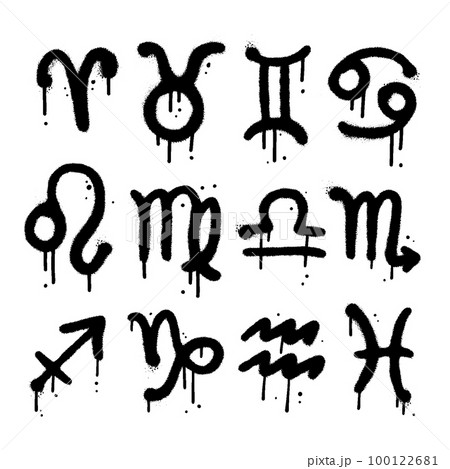 Set of black paint sprayed zodiac signs in urban grunge graffiti style. Textured hand drawn vector illustration with leaks and drops. 100122681