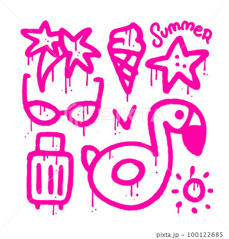 Sumer holiday elements set in simple urban graffiti style isolated on white background - bag, flamingo ring, palm, icecream and sunglasses. Spray textured vector illustration for t-shirts, banners Sumer holiday elements set in simple urban graffiti style isolated on white background - bag, flamingo ring, palm, icecream and sunglasses. Spray textured vector illustration for t-shirts, banners 100122685
