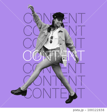 Happy woman, fashion influencer and words of motivation, overlay and pose on inspirational poster on purple background. Energy, free and dancing, female is content with style and beauty with text 100122838