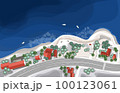 Coastline with road and houses on a bright winter day from top. Vector illustration 100123061