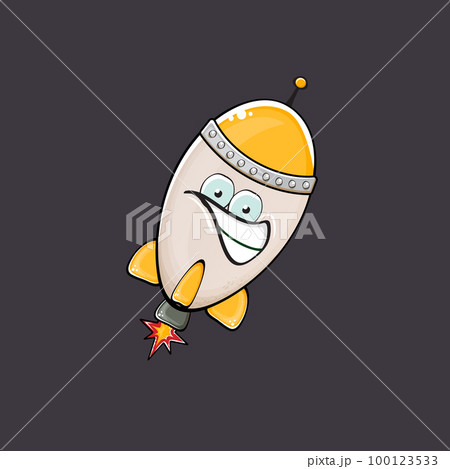 Rocket spaceship character. Cartoon space rocket isolated on space background. Funky spaceship and shuttle character with eyes and mouth. Vector retro space ship clip art, emoji, label and sticker Rocket spaceship character. Cartoon space rocket isolated on space background. Funky spaceship and shuttle character with eyes and mouth. Vector retro space ship clip art, emoji, label and sticker 100123533