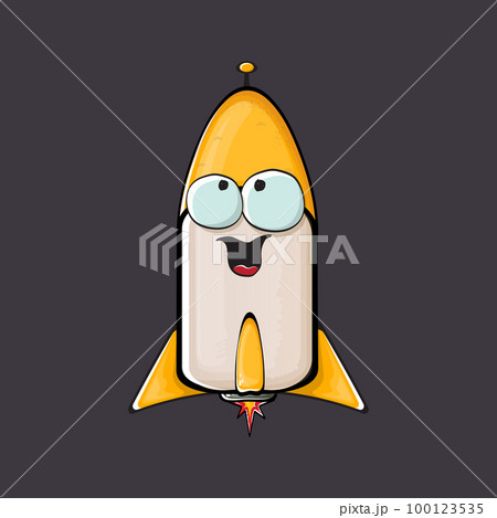 Rocket spaceship character. Cartoon space rocket isolated on space background. Funky spaceship and shuttle character with eyes and mouth. Vector retro space ship clip art, emoji, label and sticker Rocket spaceship character. Cartoon space rocket isolated on space background. Funky spaceship and shuttle character with eyes and mouth. Vector retro space ship clip art, emoji, label and sticker 100123535