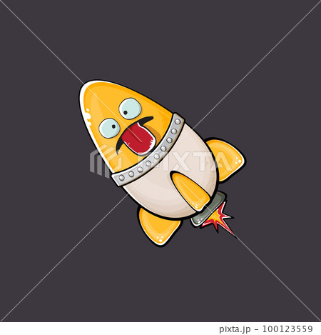 Rocket spaceship character. Cartoon space rocket isolated on space background. Funky spaceship and shuttle character with eyes and mouth. Vector retro space ship clip art, emoji, label and sticker 100123559
