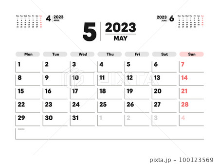 2023年5月のカレンダー - 月曜始まりの月めくりマンスリーカレンダー - 3ヶ月分・A版比率のイラスト素材 [100123569] - PIXTA