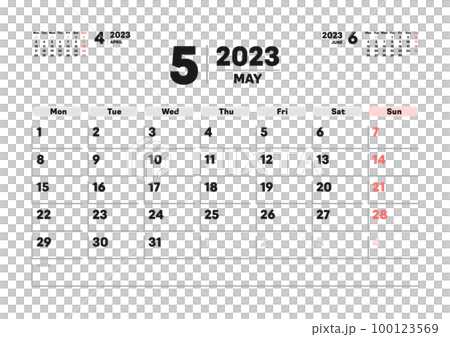 2023年5月のカレンダー - 月曜始まりの月めくりマンスリーカレンダー - 3ヶ月分・A版比率 2023年5月のカレンダー - 月曜始まりの月めくりマンスリーカレンダー - 3ヶ月分・A版比率 100123569