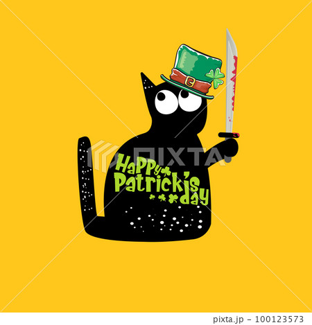 Happy st patricks day greeting card or banner with Black cat with patricks hat holding bloody knife isolated on orange background. Funny black cat and knife . Patricks day concept illustration Happy st patricks day greeting card or banner with Black cat with patricks hat holding bloody knife isolated on orange background. Funny black cat and knife . Patricks day concept illustration 100123573