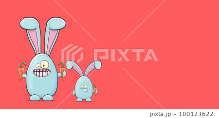 Cartoon funny cartoon blue easter bunny holding carrots isolated on pink horizontal banner background. Easter hand drawn blue cute rabbit sticker or label 100123622